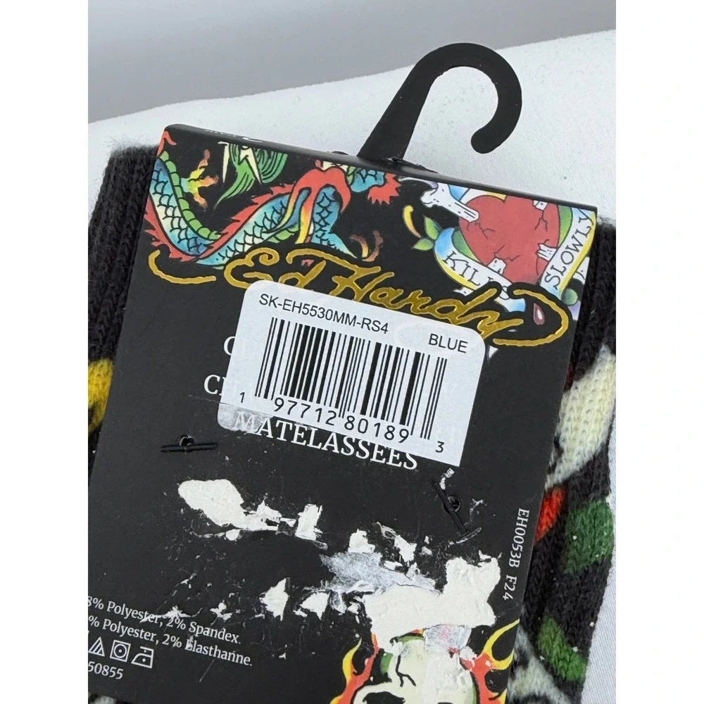 Ed Hardy 2 Pk Cushioned Crew Socks Blue Black Skull Love Kills Slowly NEW 111-09
